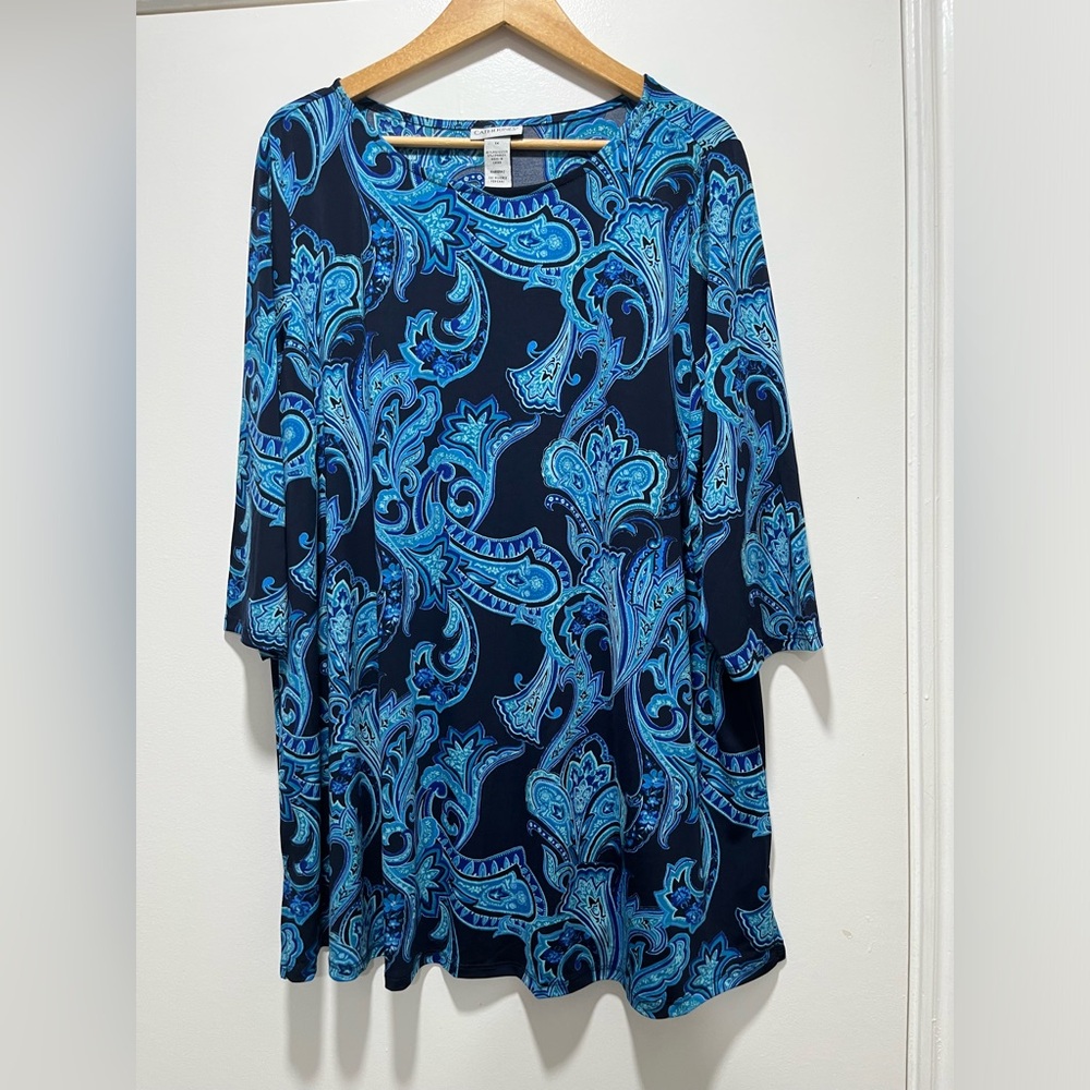 Catherine’s Blue Paisley Tunic 1X Wearever Casual Business 3/4 Sleeves